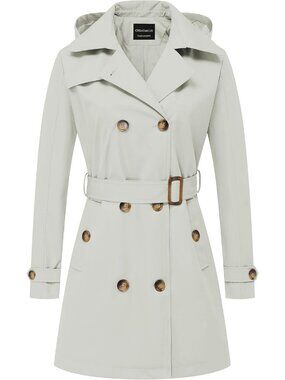 Women's White Polyester Double Breasted Lapel Belted Detachable Hood Trench Coat